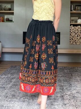 100% cotton boho Embroidered Black Midi Skirt one size likely small - large